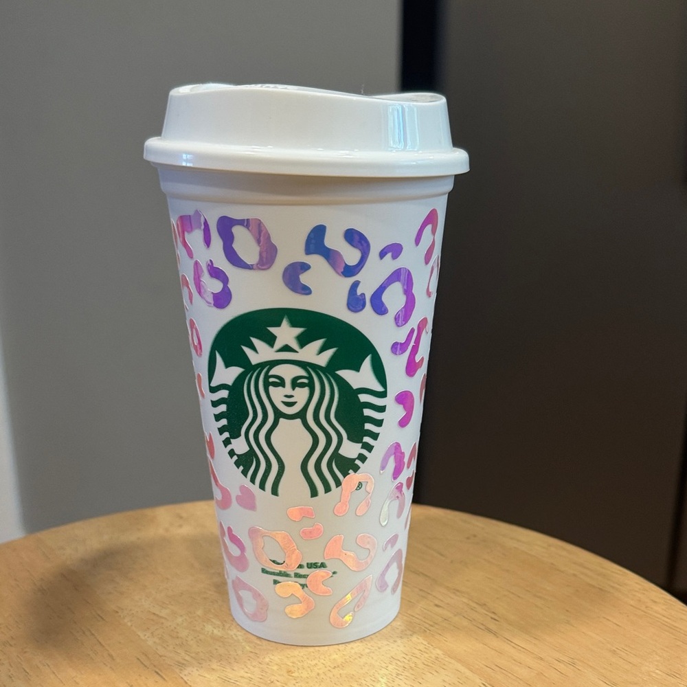 Starbucks plastic Cup with Pink and Purple Animal Print